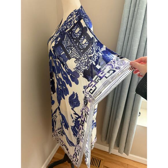 One Hundred Stars Blue Asian Print Kaftan Art Kimono Duster Boho Throwover - Picture 4 of 11